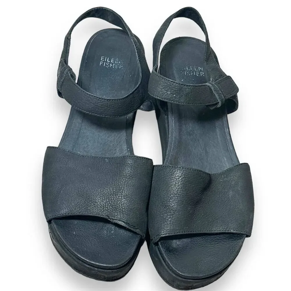 Eileen Fisher Women's Black Leather Platform Slingback Sandals Size 10
